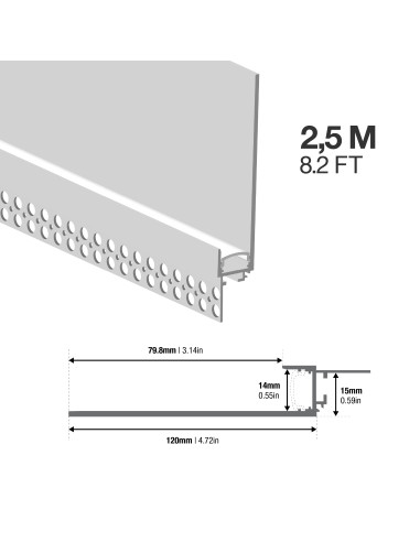 Perfil de Aluminio con Ala para Embutir, Anodizado Difusor 120x19mm, con Cover Opal Blanco x2.5m