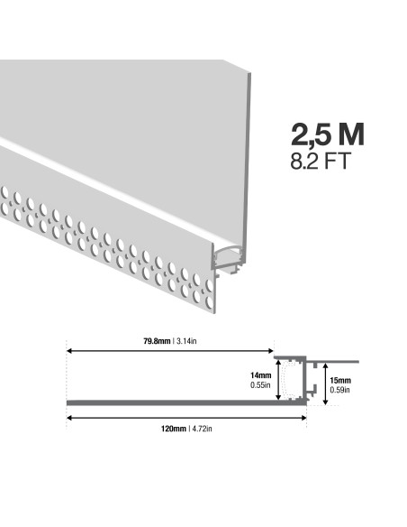 Perfil de Aluminio con Ala para Embutir, Anodizado Difusor 120x19mm, con Cover Opal Blanco x2.5m