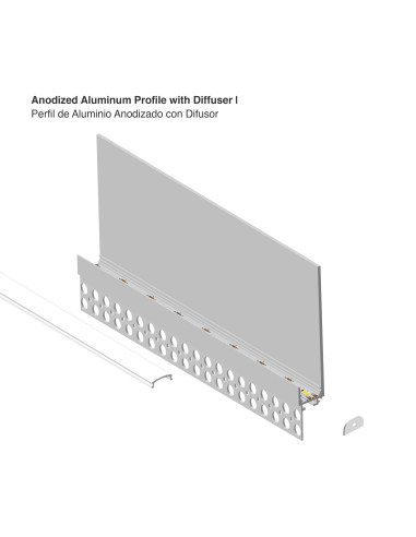Perfil de Aluminio con Ala para Embutir, Anodizado Difusor 120x19mm, con Cover Opal Blanco x2.5m