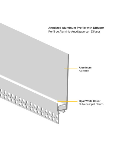 Perfil de Aluminio con Ala para Embutir, Anodizado Difusor 120x19mm, con Cover Opal Blanco x2.5m