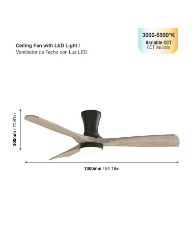 Ventilador Smart de Techo con Luz LED CCT 1300x300mm Madera Oscura 22W con Control Remoto Bluetooth