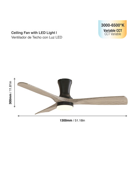Ventilador Smart de Techo con Luz LED CCT 1300x300mm Madera Oscura 22W con Control Remoto Bluetooth