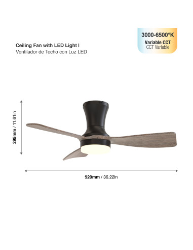 Ventilador de Techo con Luz LED CCT 920x265mm Madera Oscura 22W con Control Remoto AC100-240V I