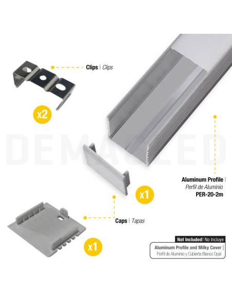 Kit de 2 tapas y 2 clips para perfil de aluminio, PER-20-2M
