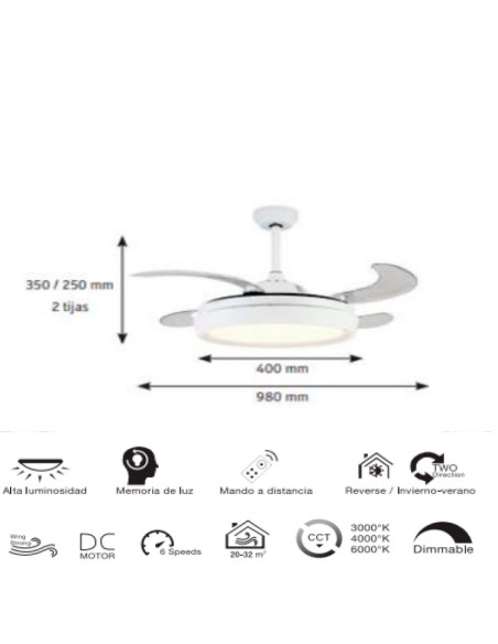 Ventilador 43W Blanco CCT 98cm Mini Niz