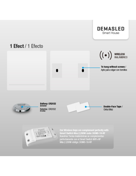 Tecla inalámbrica 1 efecto y Smart switch wifi y RF 1 efecto