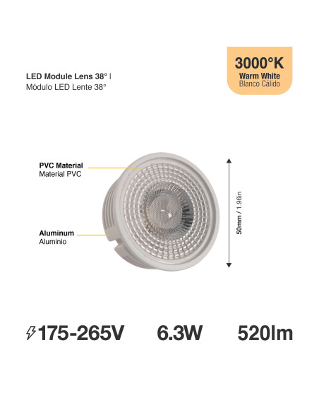 Módulo LED Lente 38° Blanco Cálido 3000K 175-265V