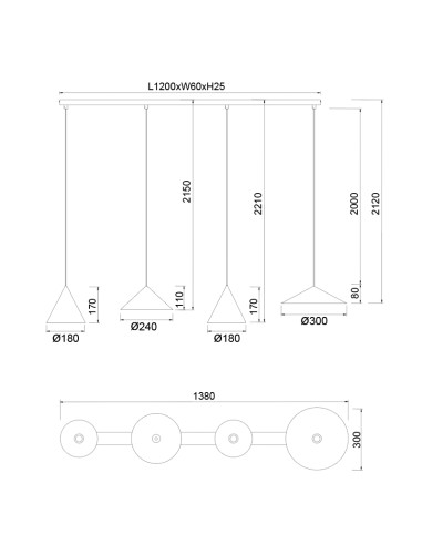 Lámpara colgante lineal LED Cono 4 luces 20W regulable 138 cm, multicolor - Mantra