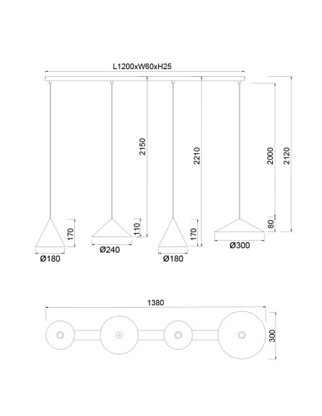 Lámpara colgante lineal LED Cono 4 luces 20W regulable 138 cm, multicolor - Mantra